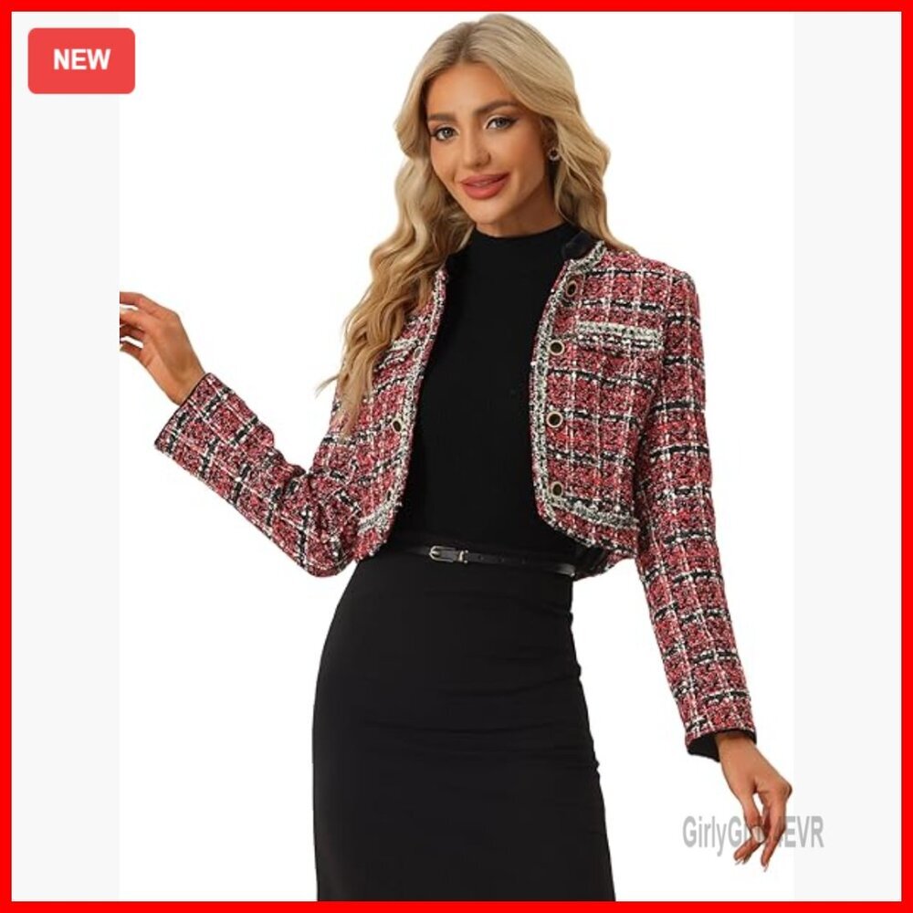 Tweed Plaid Cropped Blazer, Collarless Open Front, Sequins, Dressy Casual